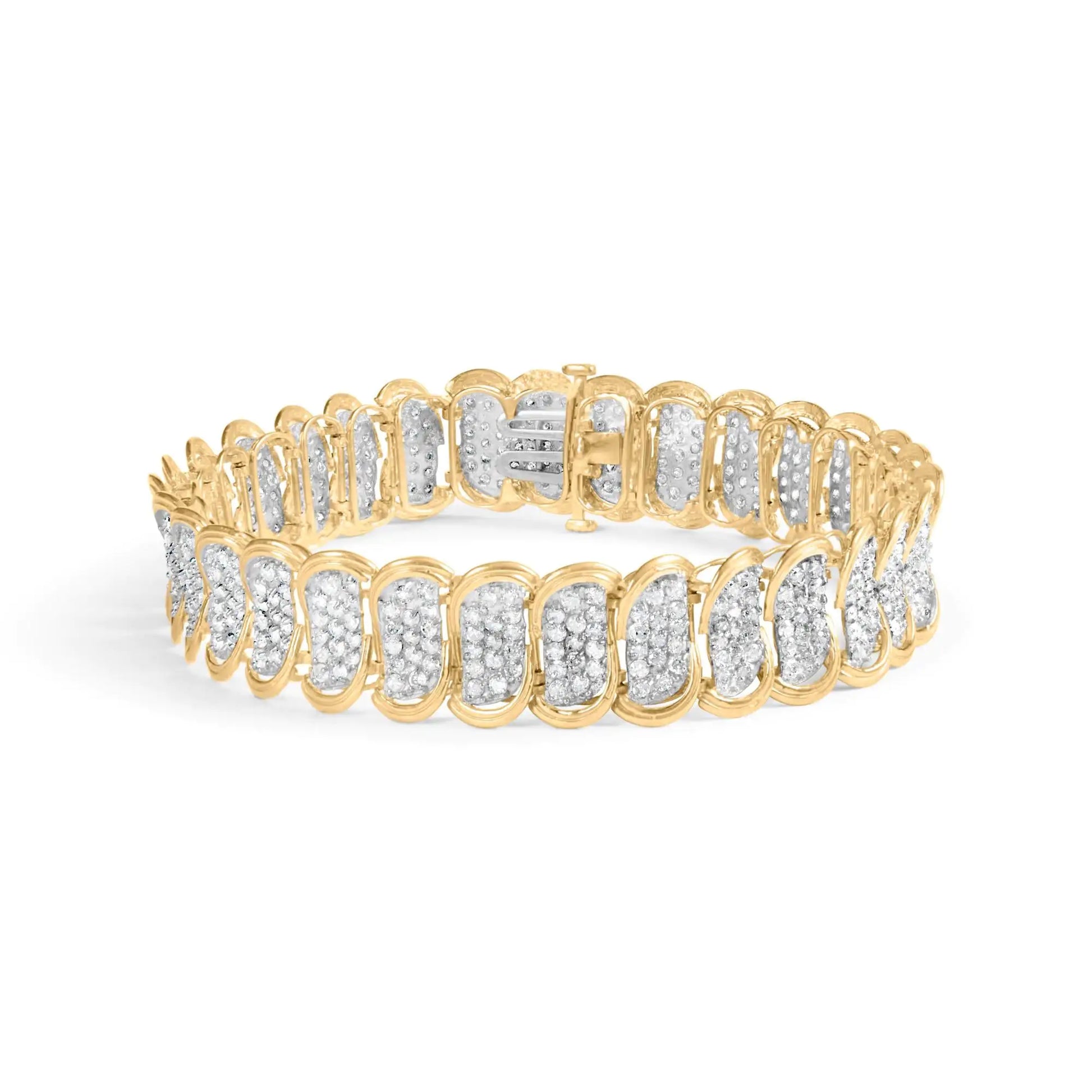 10k yellow gold diamond oval banded link bracelet with white rhodium accents, 7 inches.