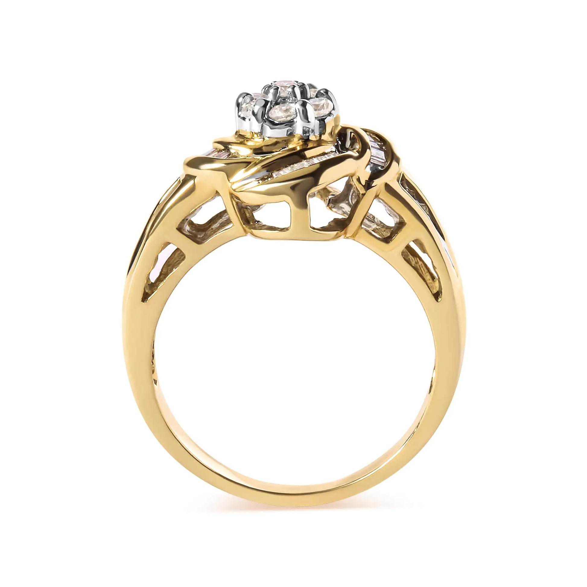 10K Yellow Gold 1/2 Cttw Round and Baguette Diamond Flower Swirl CocktIndulge in the timeless beauty of this 10K yellow gold flower swirl cocktail ring, adorned with 43 natural diamonds totaling 1/2 cttw. The intricate design features 10K Yellow Gold 12 Cttw Round10K Yellow Gold 12 Cttw Round