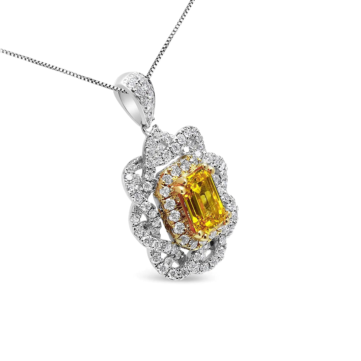 18K Yellow and White Gold 1.75 Cttw Diamond Lab Grown Treated Yellow ETreat yourself to this glamorous 1.75 c.t. diamond fashion necklace, elegantly crafted in 18k white gold, a metal that will stay tarnish free for years to come. The 75 Cttw Diamond Lab Grown Treated Yellow Emerald Center Diamond Halo 18" Pendant Necklace Yellow75 Cttw Diamond Lab Grown Treated Yellow Emerald Center Diamond Halo 18" Pendant Necklace Yellow