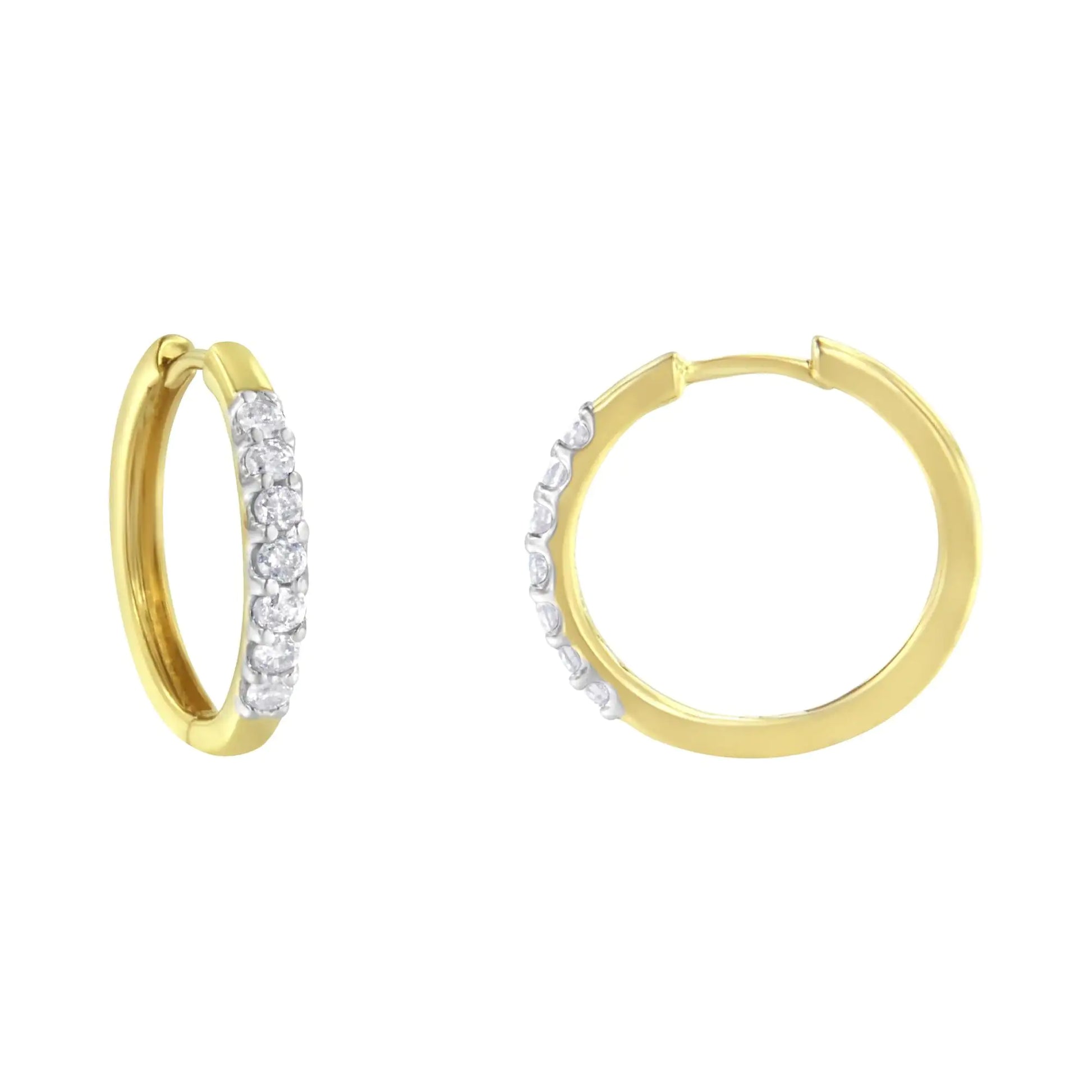 10KT Yellow Gold Diamond Hoop Earring (1/2 cttw, I-J Color, I2-I3 ClarElevate your style with these classic diamond hoop earrings, crafted in 10K yellow gold. Featuring sparkling round diamonds with a total weight of 1/2 carat, these t10KT Yellow Gold Diamond Hoop Earring 12 cttw10KT Yellow Gold Diamond Hoop Earring 12 cttw