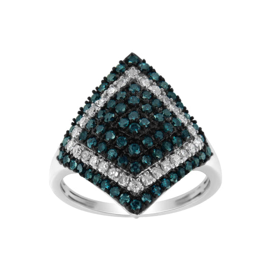 Sterling silver cocktail ring with white and treated blue diamonds in a rhombus design.