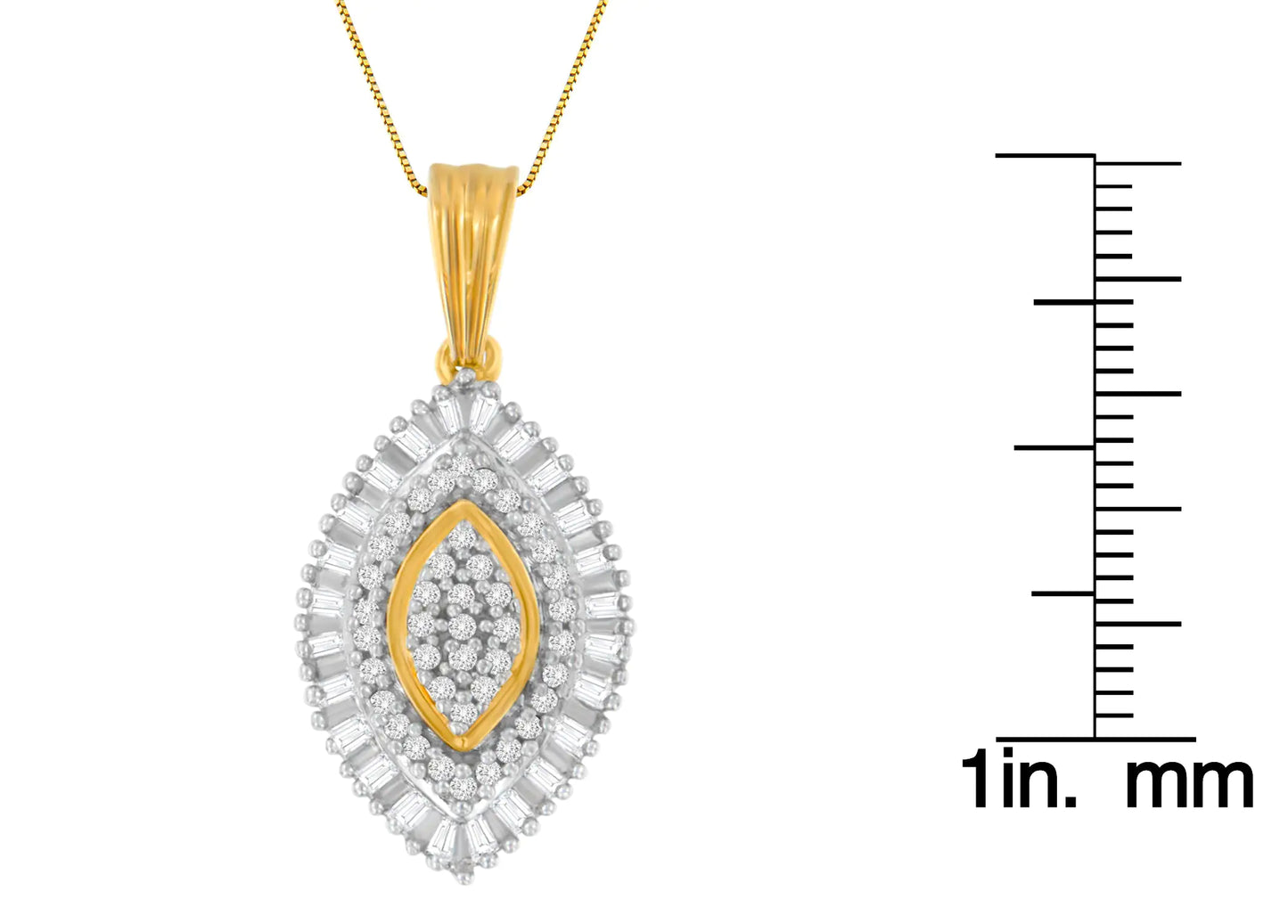 10K Yellow Gold Multi-Cut Diamond Golden Burst Halo Pendant Necklace (Undeniably unique, this flawless pendant features a flash of yellow gold and half a carat of round and baguette cut diamonds circling around and at the center, creat10K Yellow Gold Multi-Cut Diamond Golden Burst Halo Pendant Necklace 0Necklaces10K Yellow Gold Multi-Cut Diamond Golden Burst Halo Pendant Necklace 0