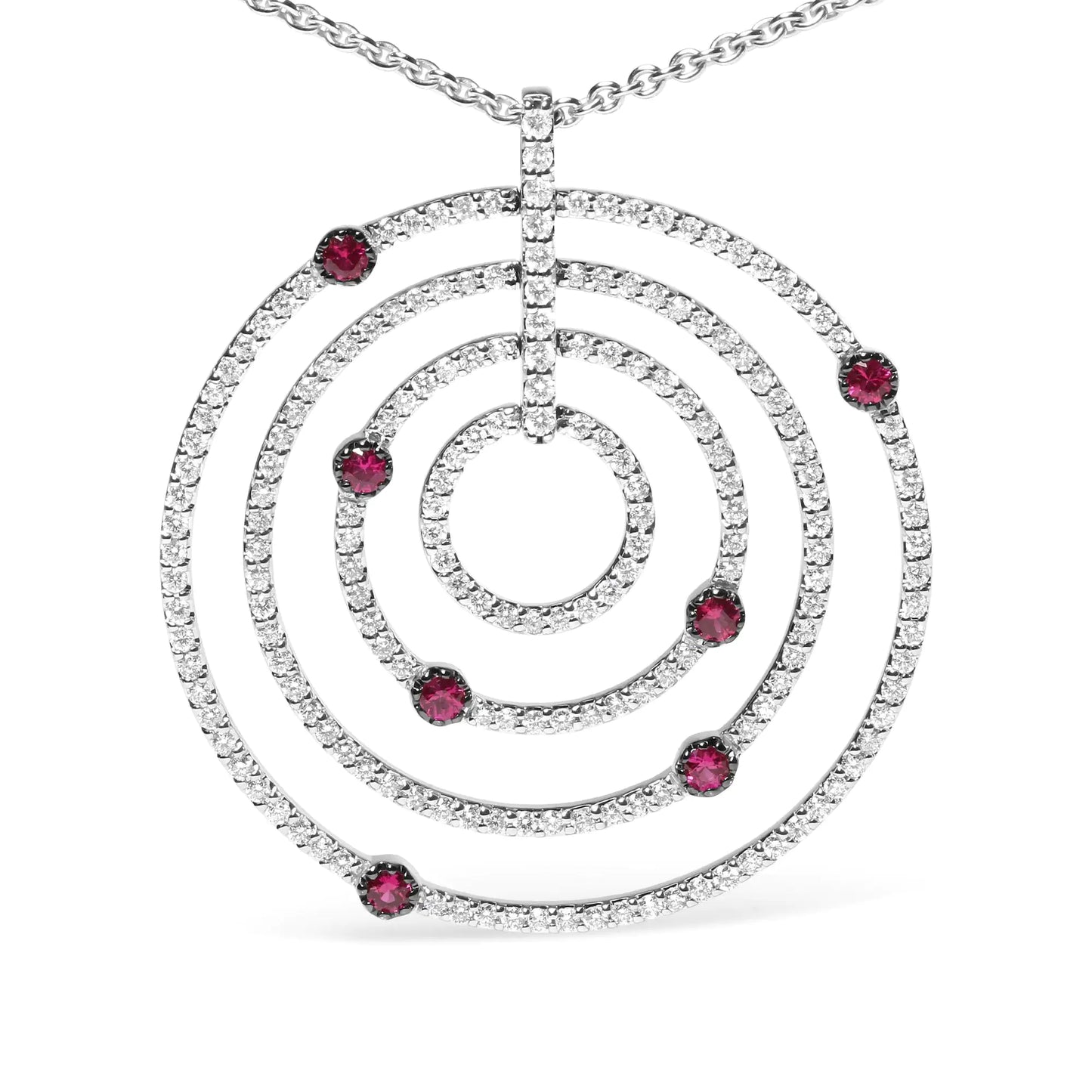 18K White Gold Pave Set Diamonds Red Ruby Pendant NecklaceThis statement pendant necklace showcases multiple rows of sparkling round diamonds pave-set in concentric openwork circles cast in 18k white gold. These diamonds sh18K White Gold Pave Set Diamonds Red Ruby Pendant NecklaceNecklaces18K White Gold Pave Set Diamonds Red Ruby Pendant Necklace