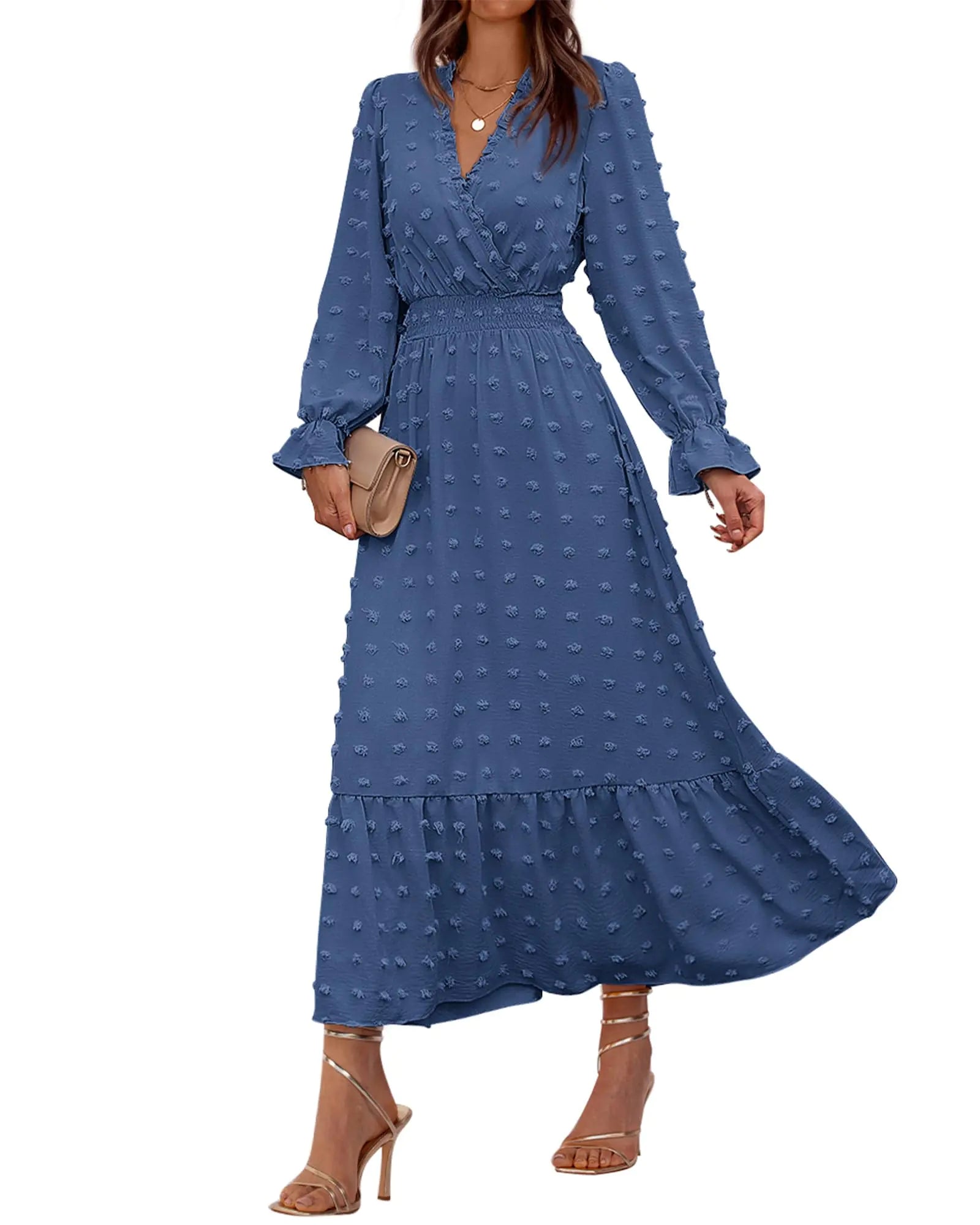 Women Fall Dresses 2024 Long Sleeve V Neck Swiss Dots Maxi Dress Boho Long Dress High Waisted A-Line Ruffle Dress