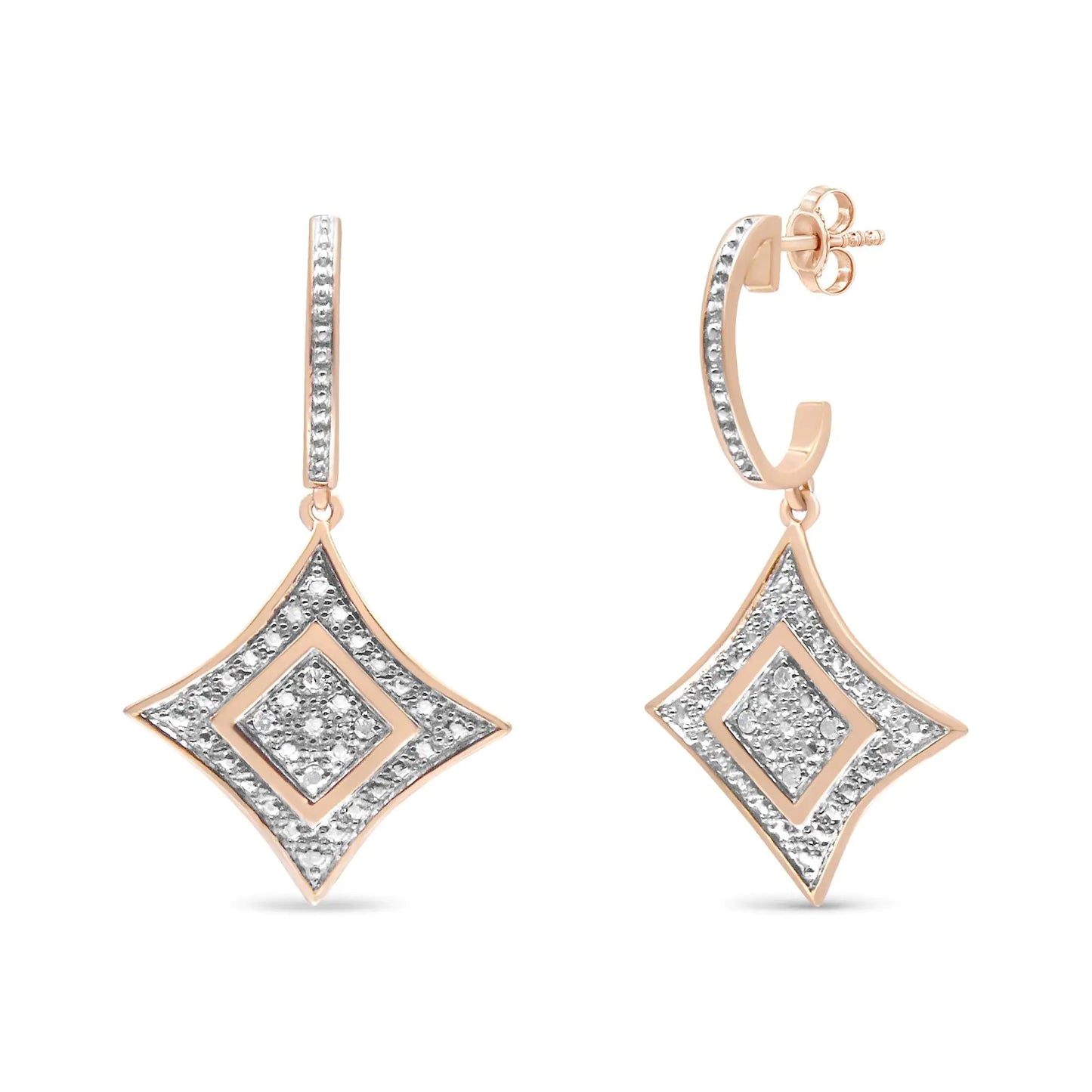 10K rose gold plated sterling silver cushion dangle earrings with round cut diamonds.