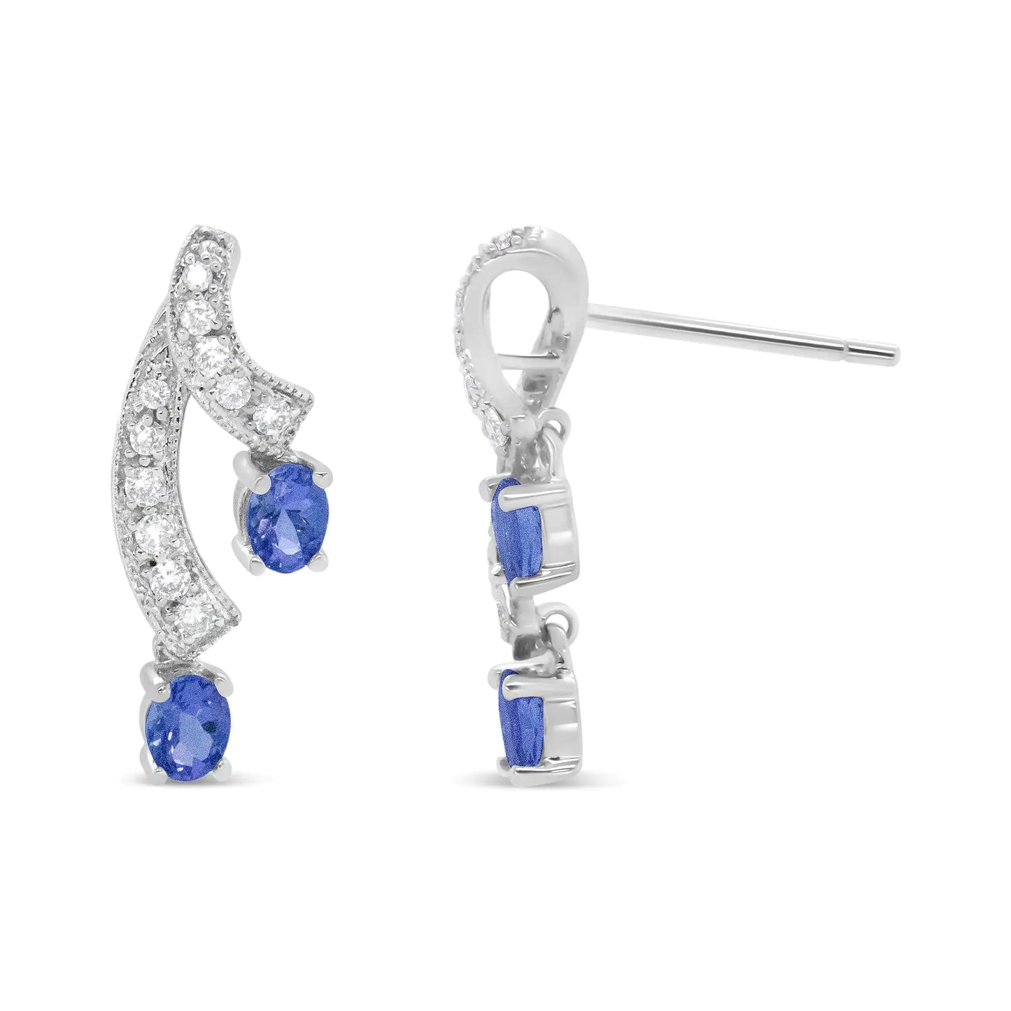 14K White Gold Ribbon Twist Tanzanite and Diamond Drop Earrings – ElegExperience the perfect blend of elegance and color with these 14K White Gold Ribbon Twist Tanzanite and Diamond Drop Earrings. The exquisite tanzanite gemstones are 14K White Gold Ribbon Twist TanzaniteEarrings14K White Gold Ribbon Twist Tanzanite