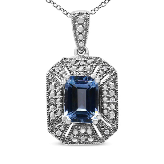 .925 sterling silver blue topaz necklace with diamond accent in Art Deco style.