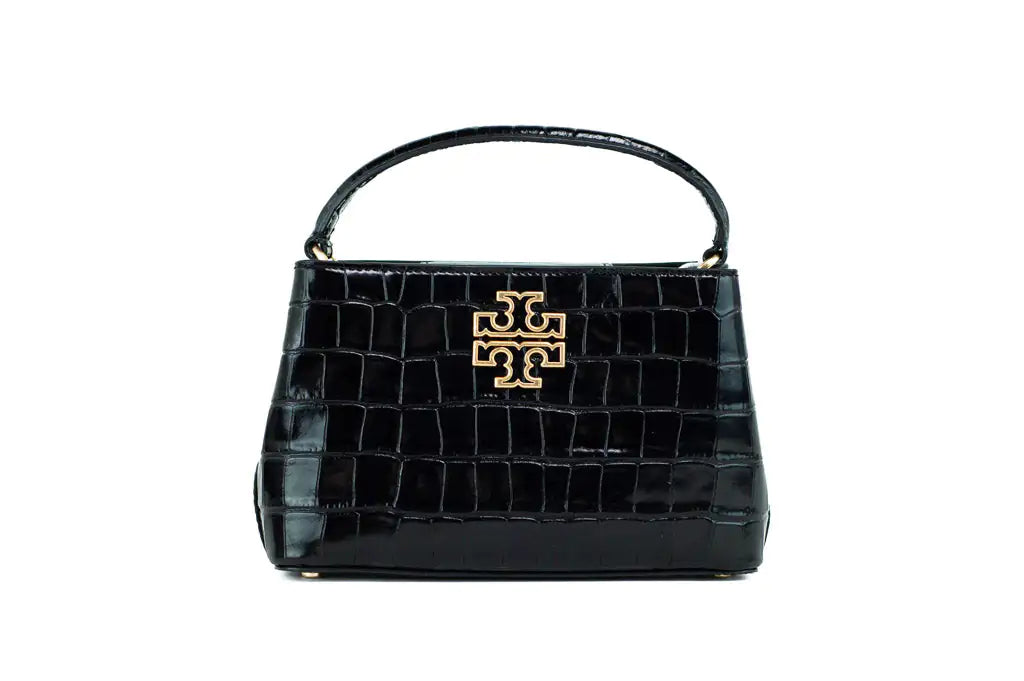 Tory Burch Small Black Crocodile Embossed Leather Micro Satchel Handbag