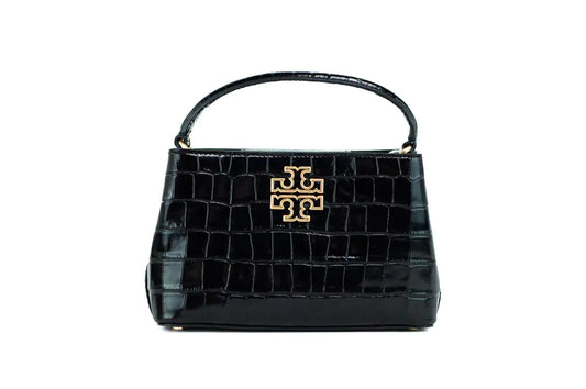 Tory Burch Small Black Crocodile Embossed Leather Micro Satchel Handbag