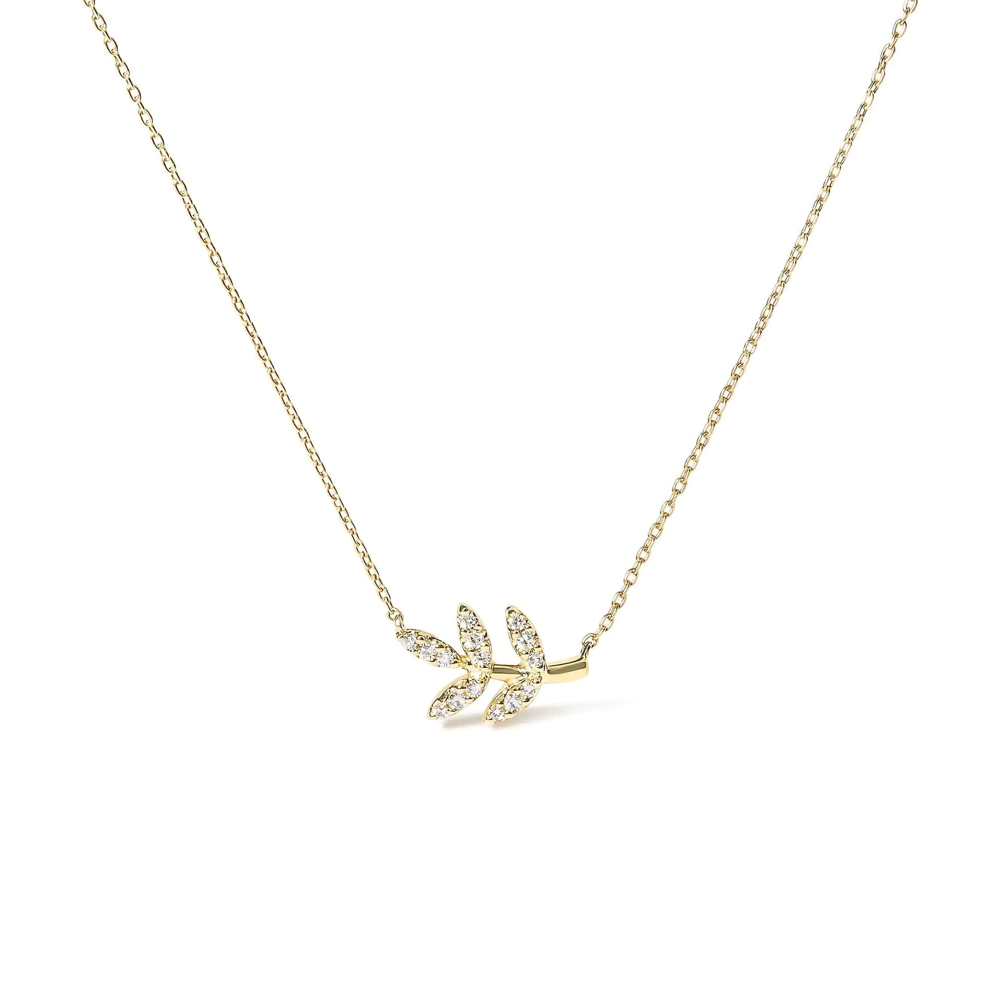 10K Yellow Gold Diamond Leaf Pendant Necklace featuring a sparkling leaf motif.