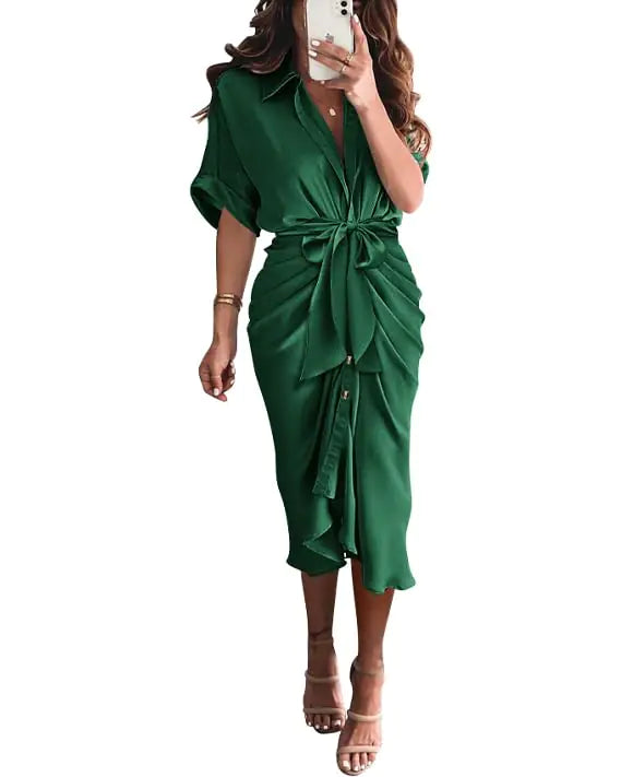 Women Button Down Ruched Shirt Dresses Short Sleeve Lapel V Neck Elegant Party Spring Summer Maxi Satin Dress