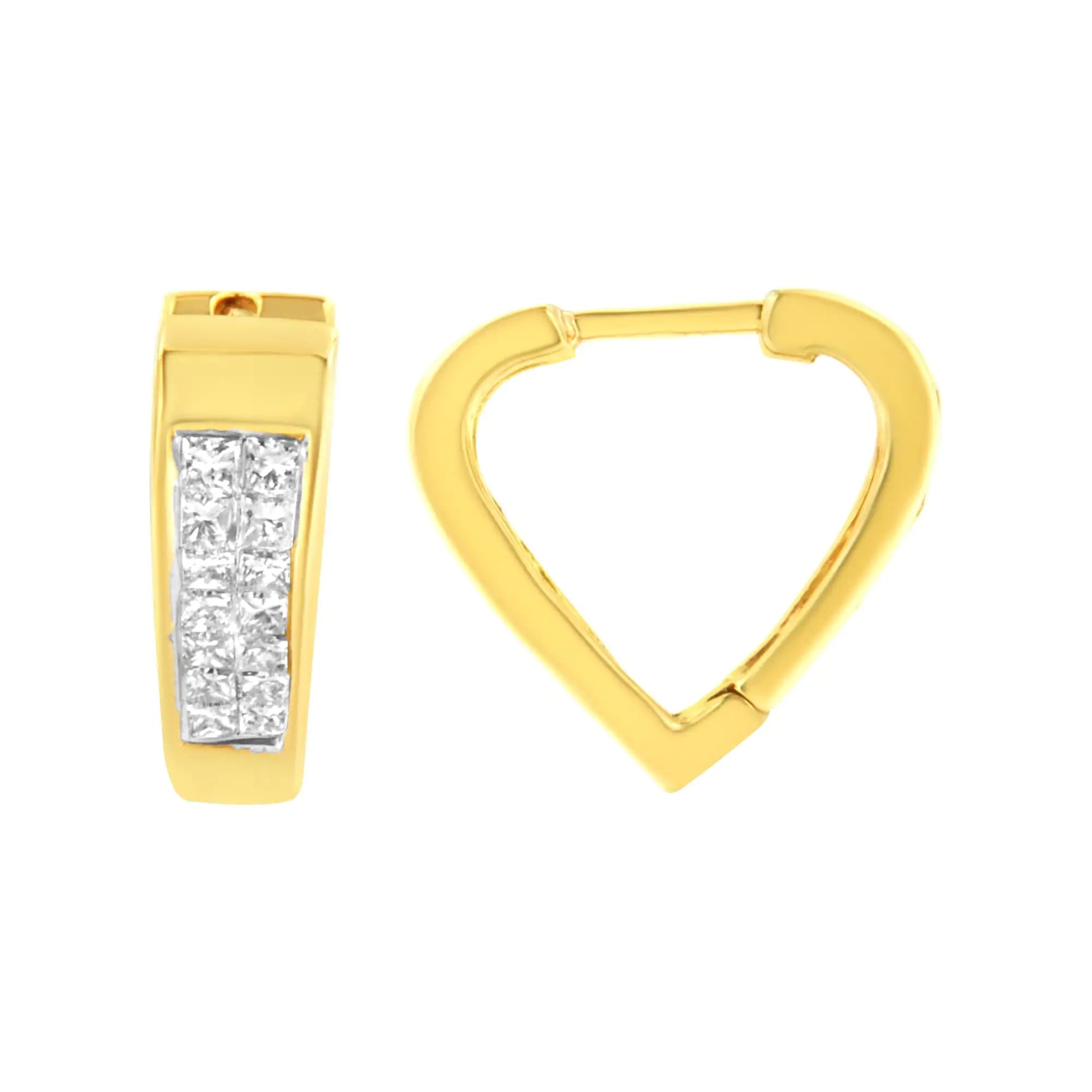 14K Yellow Gold Diamond Huggy Earrings (1/2 cttw, H-I Color, SI2-I1 ClAdd a touch of charm and sophistication with these petite and trendy diamond huggy earrings. Crafted in 14k yellow gold, these elegant hoops feature delicate heart-s14K Yellow Gold Diamond Huggy Earrings 12 cttw14K Yellow Gold Diamond Huggy Earrings 12 cttw