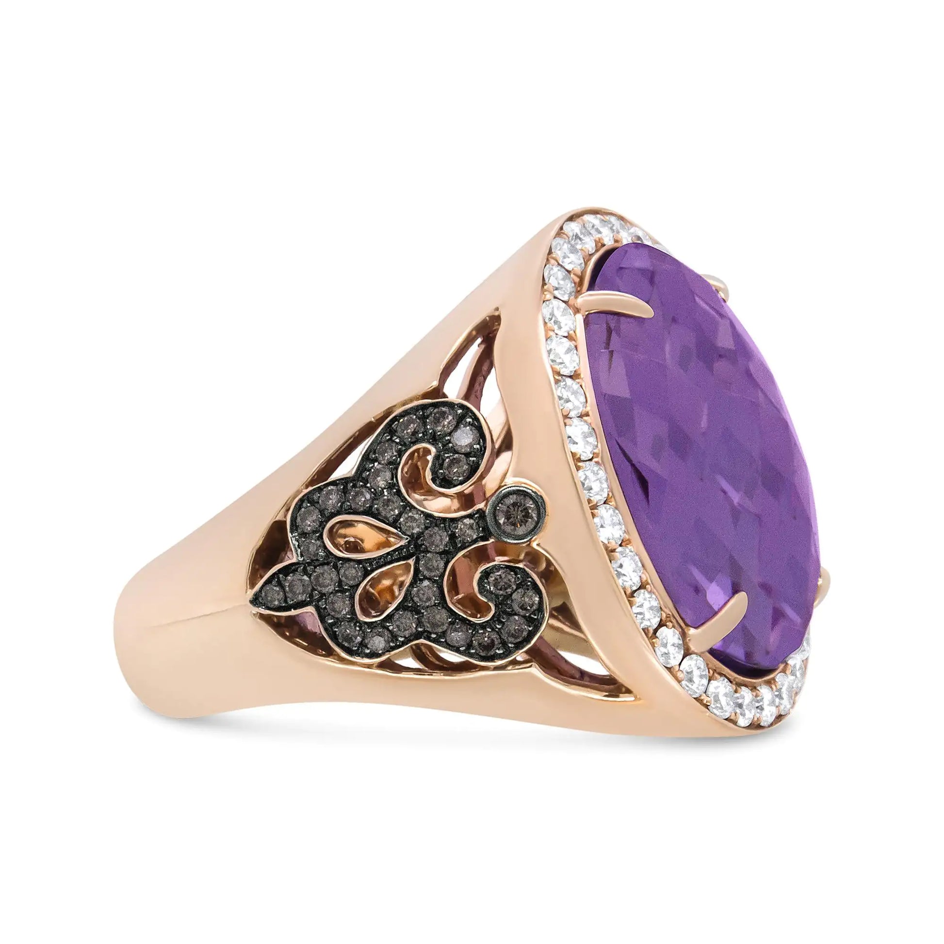 18K Rose Gold 18x13 MM Oval Cut Purplse Amethyst and 1.00 Cttw DiamondA beautiful oval shaped purple amethyst captivates the soul of this once-in-a-lifetime ring. Sitting as the central motif, the gemstone is 18x13mm in size and rests 18K Rose Gold 18x13 MM Oval Cut Purplse Amethyst18K Rose Gold 18x13 MM Oval Cut Purplse Amethyst