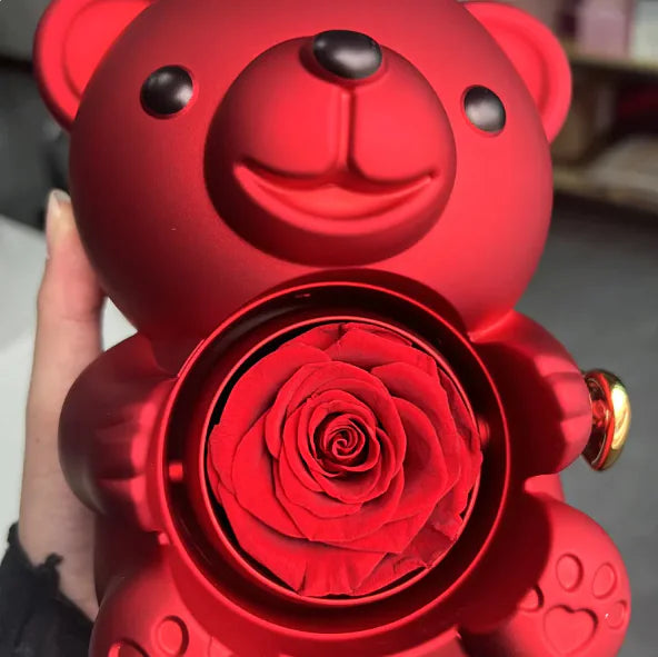 Rotating Bear Gift Box Rose Jewelry Box – Unique Jewelry Organizer with Rotating Display