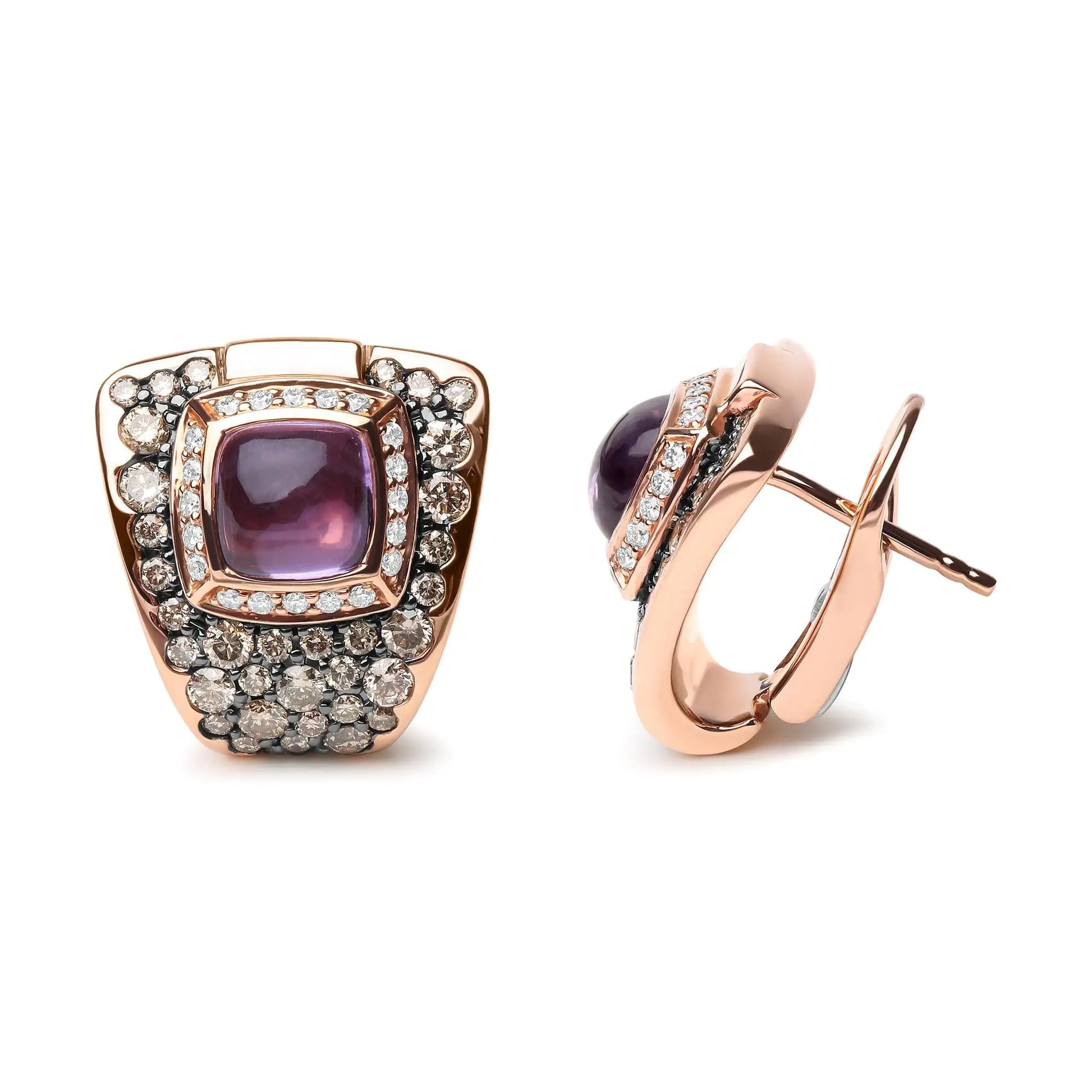 18K Rose Gold 1 1/2 Cttw Round Diamond and 7mm Cushion Cut Purple AmetGift you inner diva with the luxury she craves with these glamorous 18k rose gold stud earrings. These geometrical statement earrings show off the utter brilliance o18K Rose Gold 1 12 Cttw Round Diamond18K Rose Gold 1 12 Cttw Round Diamond