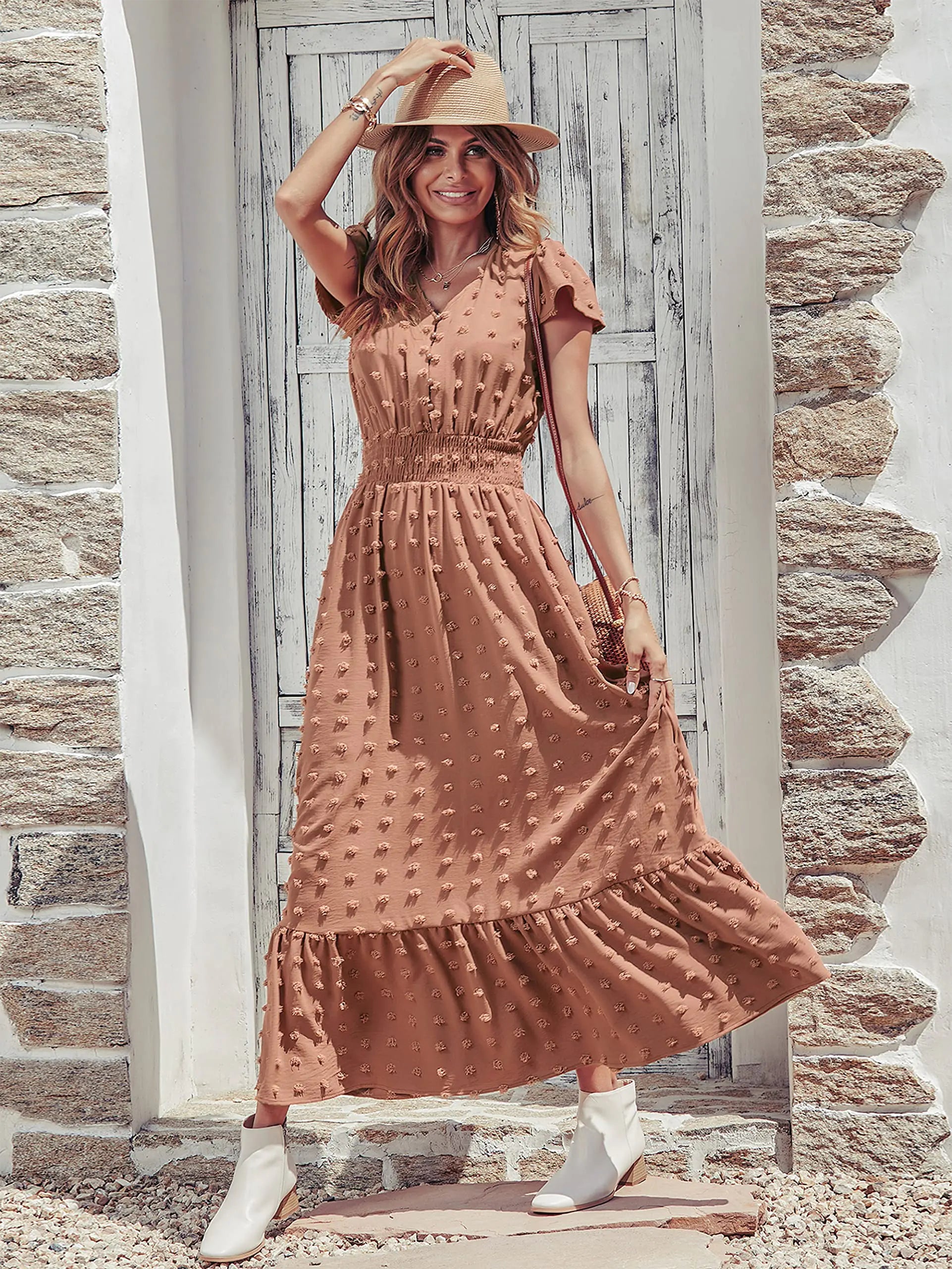 Womens Dresses 2024 Boho Short Sleeve V Neck Swiss Dot Ruffle Tiered Maxi Dress Smocked Long Cocktail Dresses